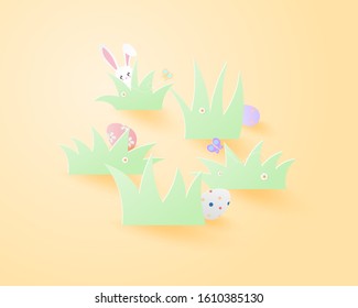 Easter day concept background pastel color in paper cut style. Digital craft paper cut style.