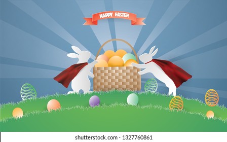 EASTER day concept with eggs in basket and Super Rabbit surrounded  on green grass in spring season,vector and illustration.