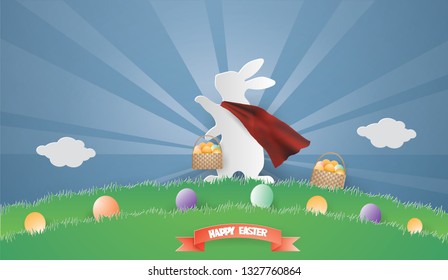 EASTER day concept with eggs in basket and Super Rabbit  on green grass in spring season,vector and illustration style paper craft