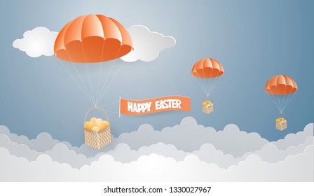 Easter day concept with Eggs on basket and tied with white rope 
parachute from the sky in nature background in spring season,paper craft and Illustration style vector 