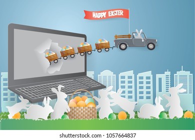 Easter day concept with Rabbit is driving the car and drag the egg basket ejected from the Laptop and eggs in basket on grass surrounded by family Bunny in nature background ,vector and illustration.
