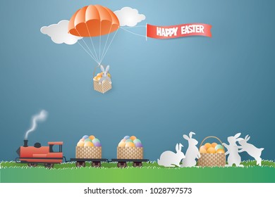 Easter day concept with rabbit and eggs in basket tied with parachute on the sky and eggs in a wooden basket on an ancient train in spring season,paper craft style
