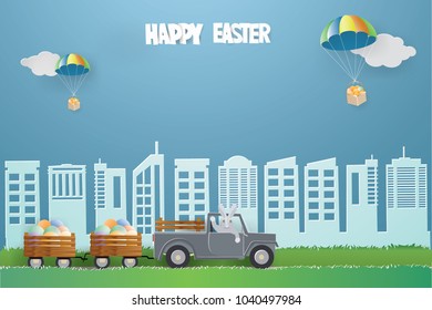 EASTER DAY concept.Rabbit is driving the car on the park in spring season and eggs in basket  tied with white rope 
parachute from the sky ,vector and illustration.