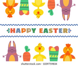 Easter day cute poster. Rabbit bunny, chicken, eggs. Happy christian sunday holiday celebration. Colorful cartoon. Fancy comic baby hen, rooster, hare. Funny vector illustration for kids children card