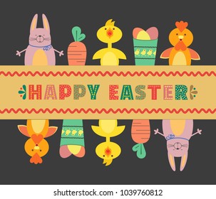 Easter day cute poster. Rabbit bunny, chicken, eggs. Happy christian sunday holiday celebration. Colorful cartoon. Fancy comic baby hen, rooster, hare. Funny vector illustration for kids children card