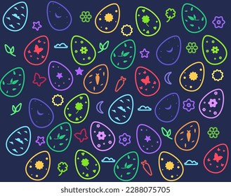 Ilustración de la línea de huevos decorada en el día de Pascua sobre fondo oscuro. Huevos con símbolos primaverales. Flor, luna, sol, nube, símbolos de plantas