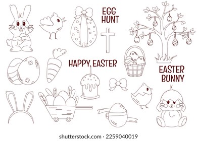 Easter day decorative elements   outline. Easter symbols set.