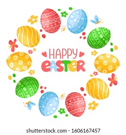 Easter Day - decorative wreath or round frame with easter eggs, butterfly, flowers and handwritten lettering, phrase - happy Easter day, for textile, holiday polygraphy, greeting card - vector