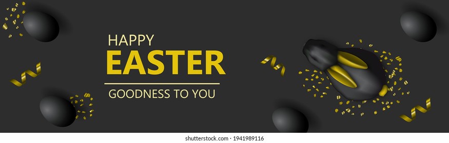 Easter Day design with black realistic decorative rabbit, Easter eggs and glitter on the black background. Holiday horizontal banner, web poster, flyer, greeting card, sale and promo banner