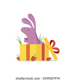 Easter day design. Bunny in yellow gifts box. Object for holiday banner, web poster, flyer, stylish brochure, greeting card, cover.
