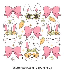 Easter Day Design with Coquette Easter Bunny Disco Rabbit Trendy and Pink Ribbon Bows Hand Drawn Design Vector