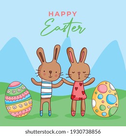 easter day design with cute rabbits between colored eggs. vector illustration
