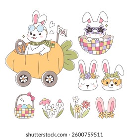 Easter Day Design with Disco Bunny Trendy and Spring Elements Hand Drawn Design Vector