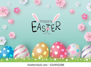 Easter day design of eggs and flowers on color paper background vector illustration