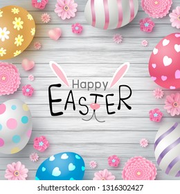 Easter day design of eggs and flowers on white wood texture background vector illustration