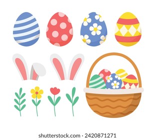 Easter day design elements for seasonal holiday decoration isolated on white background. Bunny, rabbit ears, eggs with ornament, basket. Cute modern colorful cartoon. Vector illustration art.