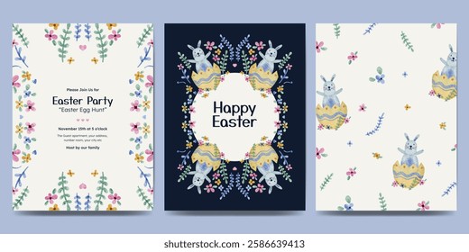 Easter day design with flower frame, easter element watercolor illustration. Easter egg hunt invitation.