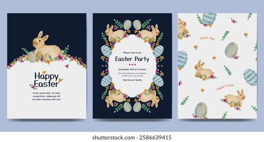 Easter day design with flower frame, easter element watercolor illustration. Easter egg hunt invitation.