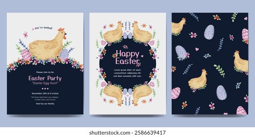 Easter day design with flower frame, easter element watercolor illustration. Easter egg hunt invitation.