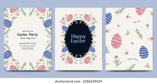 Easter day design with flower frame, easter element watercolor illustration. Easter egg hunt invitation.