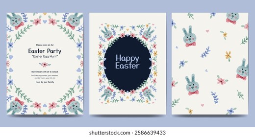 Easter day design with flower frame, easter element watercolor illustration. Easter egg hunt invitation.