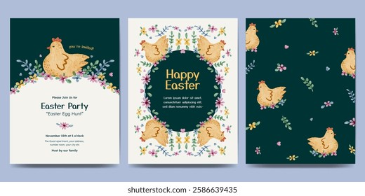 Easter day design with flower frame, easter element watercolor illustration. Easter egg hunt invitation.