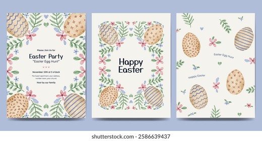 Easter day design with flower frame, easter element watercolor illustration. Easter egg hunt invitation.