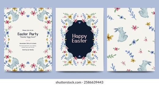 Easter day design with flower frame, easter element watercolor illustration. Easter egg hunt invitation.