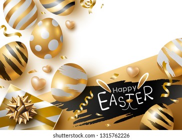 Easter day design of gold eggs and giftbox on white background vector illustration