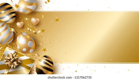 Easter day design of gold eggs and gift box on white background vector illustration