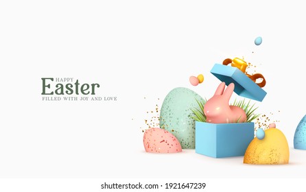 Easter day design  Realistic blue gifts boxes  Open gift box full decorative festive object  Holiday banner  web poster  flyer  stylish brochure  greeting card  cover  Spring Easter background