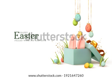 Easter day design. Realistic blue gifts boxes. Open gift box full of decorative festive object. Holiday banner, web poster, flyer, stylish brochure, greeting card, cover. Spring Easter background Сток-фото © 
