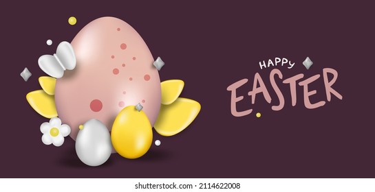 Diseño de Pascua. Huevos realistas de Pascua en un fondo burdeos. Banner de vacaciones, afiche web, volante, folleto elegante, tarjeta de saludo, portada. Fondo de la Pascua del Vector