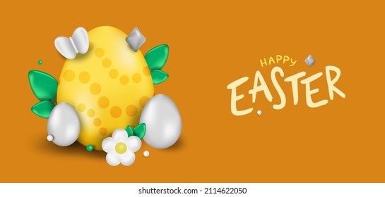Diseño de Pascua. Huevos realistas de Pascua con un fondo naranja. Banner de vacaciones, afiche web, volante, folleto elegante, tarjeta de saludo, portada. Fondo de la Pascua del Vector