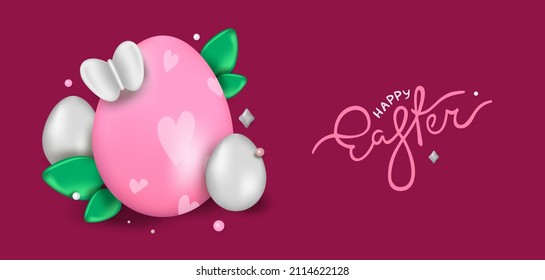 Easter day design. Realistic Easter eggs on a lilac background. Holiday banner, web poster, flyer, stylish brochure, greeting card, cover. Vector Easter background
