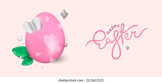 Easter day design. Realistic Easter eggs on pink background. Holiday banner, web poster, flyer, stylish brochure, greeting card, cover. Vector Easter background