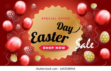Easter Day discount  banner layout design template graphic abstract red background with eggs and inflatable balls. Vector illustration