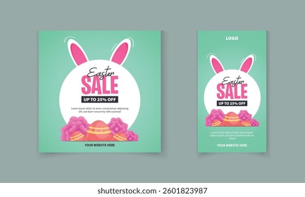 Easter day discount post and story template design with flower, rabbit ears egg for social media ads