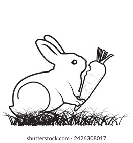 Easter day element bunny, rabbit, carrot, grass. Minimal Cute bunny rabbit outline sketch vector illustration. Bunny Rabbit with carrot