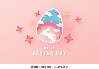 Easter day festive banner with Easter egg. Paper cut style. Vector illustration.