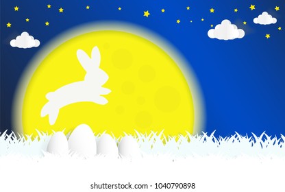 Easter Day Field Fullmoon At Night Landscape With Blue Backgruond, Easter Eggs On Grass With Fullmoon, Star And Cloud In The Air. Vector Illustration Paper Art Idea.