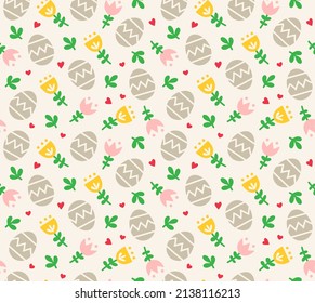 Easter Day flat vector background with flowers, eggs and hearts. A seamless spring pattern design for wrapping paper, wallpapers and fabric