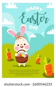Easter day flyer template. A festive poster with a rabbit holding a basket of eggs standing on a lawn.