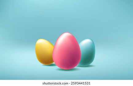 Easter day golden egg background. 3d vector png, April happy holiday isolated podium scene. Spring greeting card realistic design, Mini gift pile web header banner, blue pink gold illustration poster