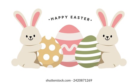 Easter day greeting card, banner, poster design template. Bunny rabbit and eggs ornament in cute modern minimalist style. Vector illustration for seasonal holiday decoration.