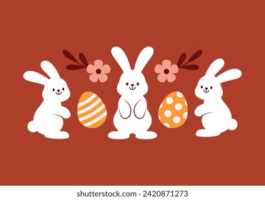 Easter day greeting card, banner, poster design template. Bunny rabbit and eggs ornament in cute modern minimalist style. Vector illustration for seasonal holiday decoration.