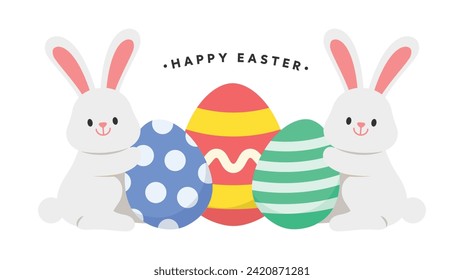 Easter day greeting card, banner, poster design template. Bunny rabbit and eggs ornament in cute modern minimalist style. Vector illustration for seasonal holiday decoration.