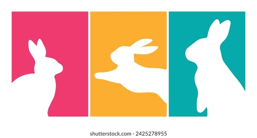 Easter day greeting card, banner, poster design template. Bunny rabbit silhouette ornament in cute modern minimalist style. Vector illustration for seasonal holiday decoration.