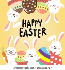 Easter Day greeting card with cute bunny and colourful eggs.