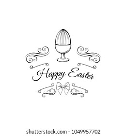Easter day greeting card with egg holder. Egg-cup with decoration and bow. Vector illustration. Happy easter inscription.
